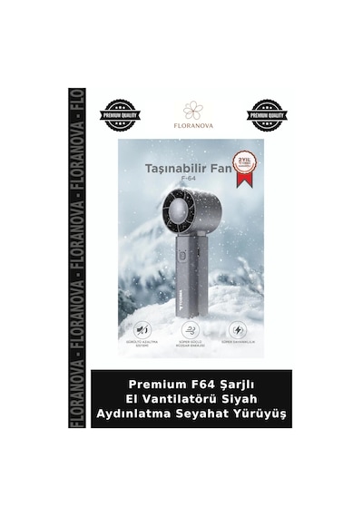 Premium F64 Şarjlı El Vantilatörü Siyah Aydınlatma Seyahat Yürüyüş