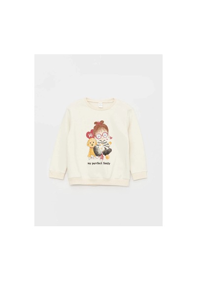 LC Waikiki Lcw Baby Bisiklet Yaka Baskılı Kız Bebek Sweatshirt Ve Pantolon Ten Rengi