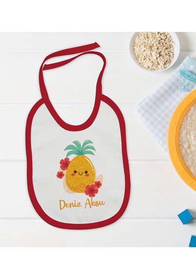BK Kids Kişiye Özel Sevimli Ananas Tasarımlı Kırmızı Bebek Mama Ö Kırmızı