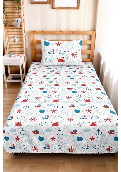 Mavi Marine Genç Odası Tek Kişilik Pike Takımı - Kırmızı Nautical 160x220 Cm Kapitone Yatak Örtüsü Dingin Dal Çizgisi