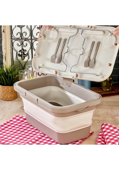 Bigmate Portatif Katlanır Piknik Seti 25lt Silikon Sepetli Masalı Piknik Sepeti Krem