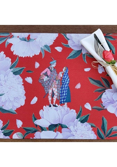 Red - White Rose Kumaş Amerikan Servis 4'lü Set - Keten Kumaş Ulusl. Yıkama Ve Solmama Sertifikası Çok Renkli
