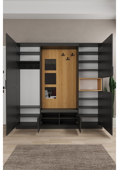Lüks Aynalı Portmanto Askılı Vestiyer %100 Mdf Çok Raflı Ayakkabılık V04 Koyu Gri - Karina Lüks Aynalı Portmanto Askılı Vestiyer %100 Mdf Çok Raflı Ayakkabılık V04 Koyu Gri - Karina