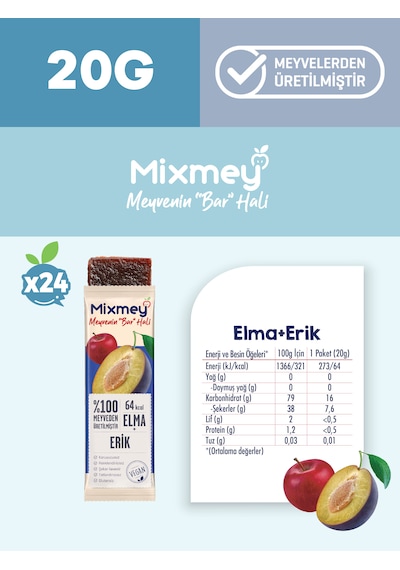 Mixmey Erik Meyve Barı 24 Adet | Atıştırmalıklar – Vegan, Glutensiz, Koruyucusuz (20GR X 24 ADET)