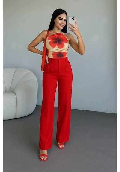 Defymoda Kadın Yüksek Bel Plise Detay Bol Paça Pantolon Kırmızı