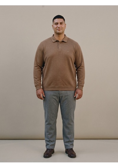 Maccali Erkek Açık Kahve Büyük Beden Polo Yaka Battal Sweatshirt