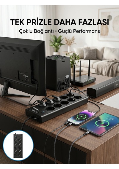 10 Prizli Usb Destekli Çoklu Priz Type-c Şarj Girişli Güvenli Güç Ünitesi 1