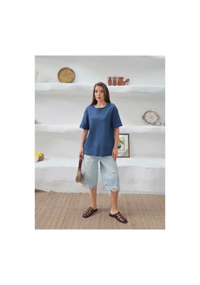 Paw Garage Kadın Mia İnterlok Kumaş Bisiklet Yaka Oversize T-shirt Mavı