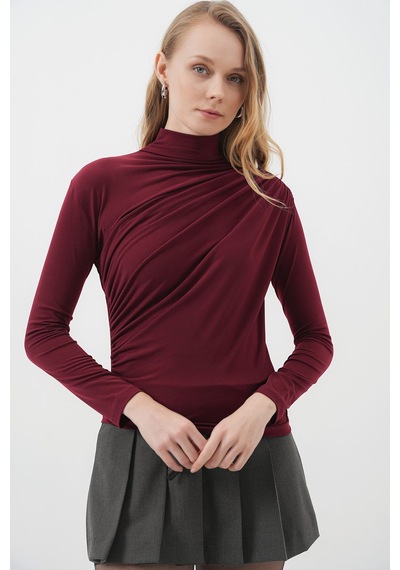 Hiccup Bdart Drape Detaylı Vücuda Oturan Dik Yaka Bluz Bordo Kırmızı