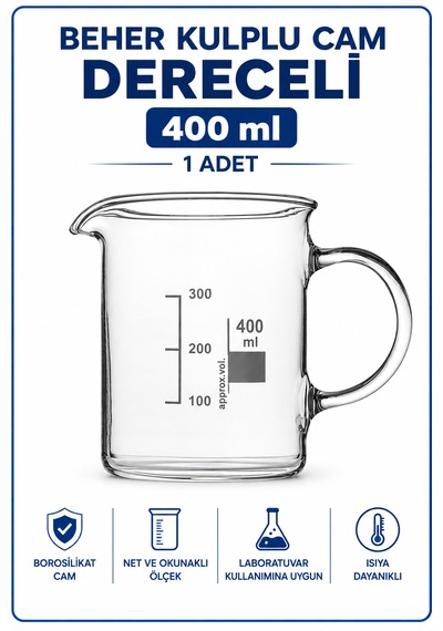 Beher Kulplu Cam 400 Ml - Kısa Form Isıya Dayanıklı Beaker