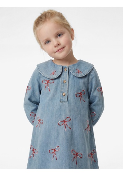 Koton Pamuklu Fiyonk İşlemeli Uzun Kollu A Kesim Bebe Yaka Denim Elbise Lıght Indıgo 6smg80006ad Açık Mavi