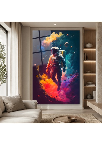 Renkli Dumanlarda Süzülen Astronot Çerçevesiz Cam Tablo