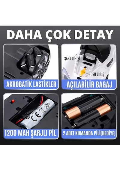 Giffy/oyuncak 2.4 Ghz Uzaktan Kumandalı Şarjlı Elektrikli Araba 4x4 Şarj İstasyonlu Buharlı Led Işıklı Sesli Müzikli Full Fonksiyon 4 Çeker Drift Atabilen 1200 Mah Şarjlı Pilli Premium Beyaz