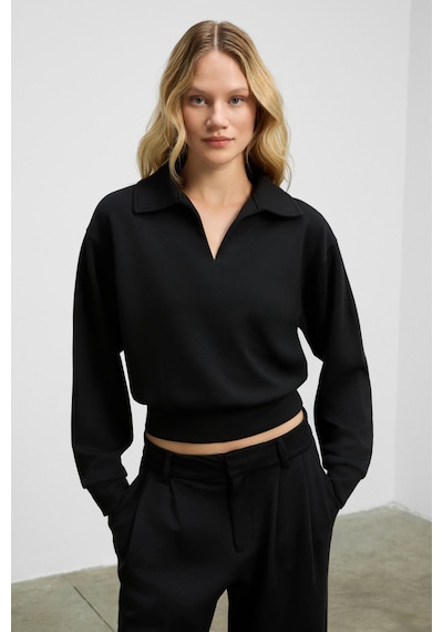 Grımelange Regno Kadın Gömlek Yaka Kol Ve Etek Ucu Manşetli Uzun Kollu Oversize Siyah Sweatshirt Siyah Grımelange Regno Kadın Gömlek Yaka Kol Ve Etek Ucu Manşetli Uzun Kollu Oversize Siyah Sweatshirt Siyah