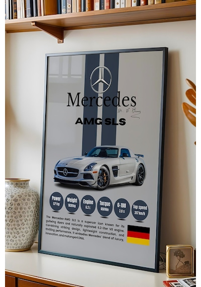 Mercedes Amg Sls Premium Spor Araba Çerçeveli Tablo - Teknik Özellikli Otomobil Sever Duvar Dekoru Siyah Mercedes Amg Sls Premium Spor Araba Çerçeveli Tablo - Teknik Özellikli Otomobil Sever Duvar Dekoru Siyah