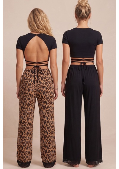 Siyah İnci 2'li Fiyonk Desenli Yumuşak Tuşe Kışlık Örme Tek Alt Pijama Altı 8074 Siyah Leopar