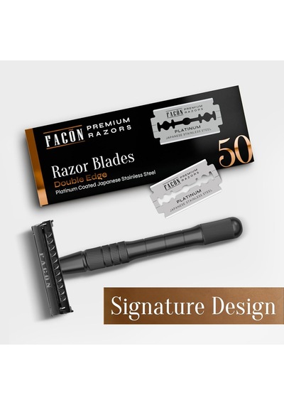 50 Blades + Klasik Uzun Saplı Çift Kenarlı Güvenlik Jilet - Pürüzsüz Islak Deneyim İçin Platin Japon Paslanmaz