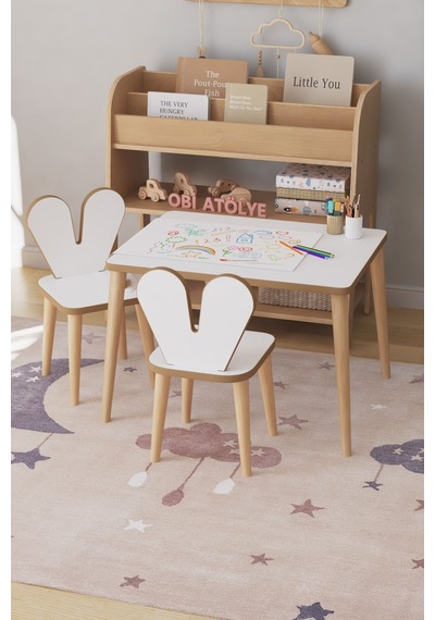 Resim Kağıdı Rulolu Çocuk Aktivite Masası 60x45 Cm 2 Sandalyeli Tavşan Sandalye Çok Renkli