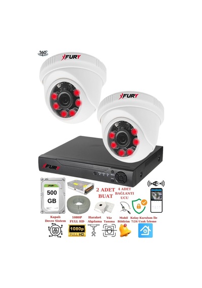 Fury 2 Kameralı 5mp 3.6mm Lens 2mp Görüntü 6 Atom Led Gece Görüşlü Fullhd Güvenlik Kamerası 1412a 500gb