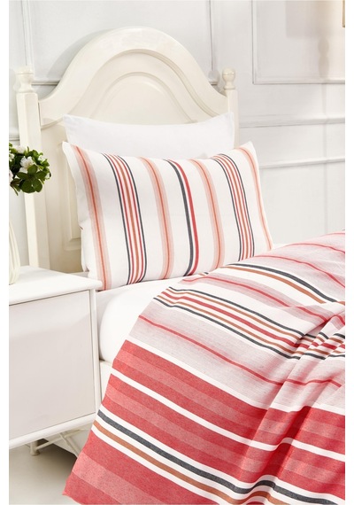 Pamuklu Krem Tek Kişilik Çarşaflı Nevresim Takımı 160x220 Kırmızı