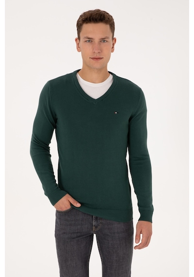 U.S. Polo Assn. Erkek Slim Fit V Yaka Koyu Yeşil Basic Kazak 50313668-VR079