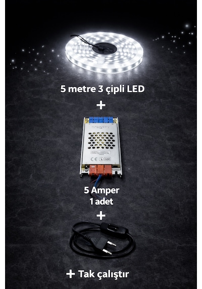 3 Çipli 5 Metre Beyaz Let + 5 Amper Trafo Set