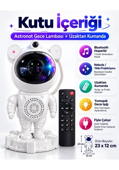 Astronot Yıldızlı Gökyüzü Projeksiyon Lambası Hoparlörlü Renkli Led Gece Lambası Dekoratif Işık Kumandalı Beyaz