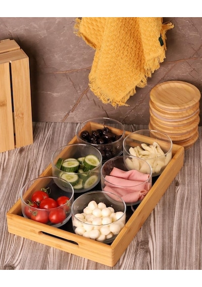 Bambum Duo 300ml 6'lı Siyah Tepsili Bambu Kapaklı Cam Kahvaltılık