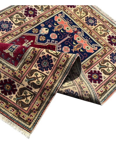 El Dokuma Vintage Eskitme Bünyan Halısı Seccade 86x130 Kırmızı Krem Kırmızı