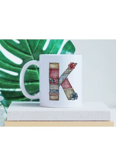 K Harfli Retro Çiçekli Kupa Bardak - Patchwork Tarz Yamalı Desenli İsme Özel Kupa - Hediye Beyaz