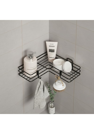 Yapışkanlı Banyo Köşeliği Köşe Rafı Duş Şampuanlık Duvar Düzenleyici Organizer Raf Siyah Metal Diğer