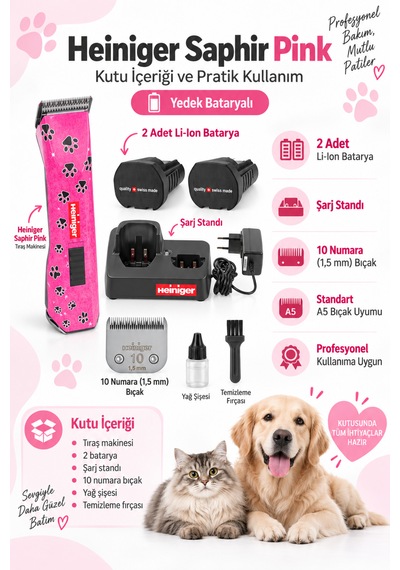 Heiniger Saphir Pink Kablosuz Kedi/köpek Tıraş Makinesi Yedek Bataryalı