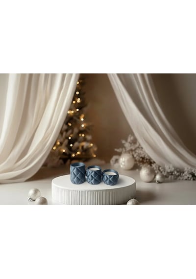 Kapitone Desen 3'lü Tealight Mumluk Seti - Mum Hediyeli Koyu Mavi