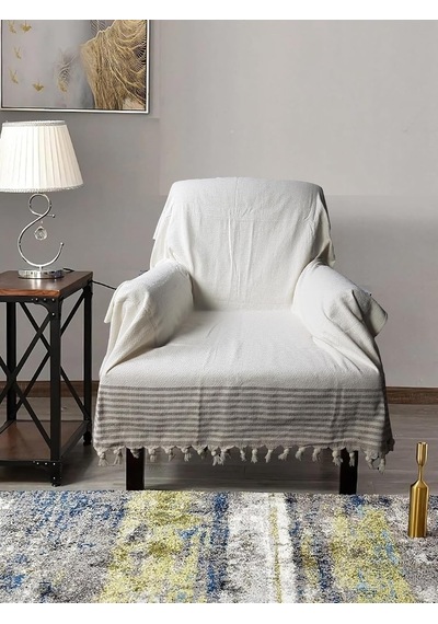 Buldan İşi Kolları Örten Pamuklu Tekli Koltuk Berjer Örtüsü 180x150 Cm Pamuk Dokuma Kreme Kahve Çok Renkli