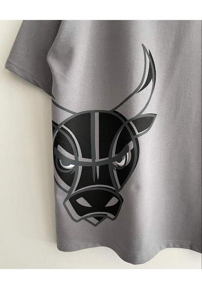 Flood Of Style Erkek Gri Bulls Baskılı Oversize Bisiklet Yaka T-shirt