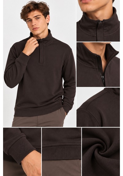 We&me Erkek Dik Yaka Yarım Fermuarlı Uzun Kollu Günlük Sweatshirt Kahverengi