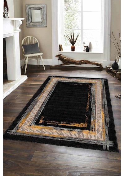 Siyah Modern Klasik Kaymaz Tabanlı Dekoratif Halı Ar218n11 Siyah - Turuncu