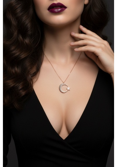 Kadın Ay Yıldız Tasarım 925 Ayar Gümüş Kolye Rose Gold