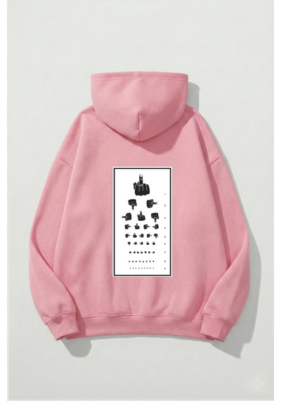 Uyguntarz Unisex Yumuşak Dokulu Göz Testi Baskılı Tasarım Oversize 3 İplik Hoodie Sweatshirt Pembe