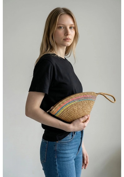 Efw Rome Handmade Hasır Renkli Şerit Detaylı Clutch Çanta