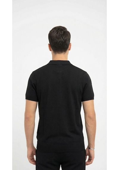 Plus Scorpion Erkek Polo Yaka Fermuarlı Triko Tişört Dokulu Slim Fit Siyah