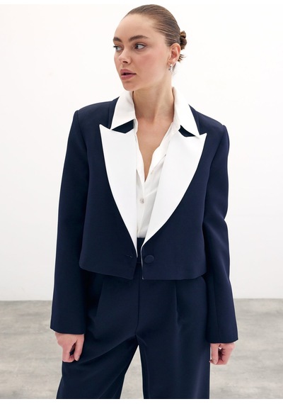 Sateen Kontrast Kısa Ceket - Lacivert-134449 Lacivert