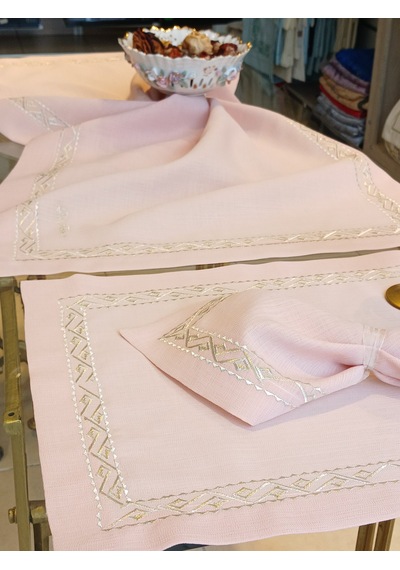Sim İşlemeli 8 Kişilik Pembe Supla-runer-peçete Takımı Açık Pembe