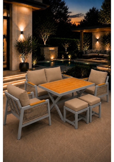 Garden Serisi Balkon Takımı, 2-1-1 Gri Bahçe Takımı, 2'li Koltuk 70x150, 2 Tekli Koltuk 70x70, Masa 70x110, 2 Puf Bej Garden Serisi Balkon Takımı, 2-1-1 Gri Bahçe Takımı, 2'li Koltuk 70x150, 2 Tekli Koltuk 70x70, Masa 70x110, 2 Puf Bej