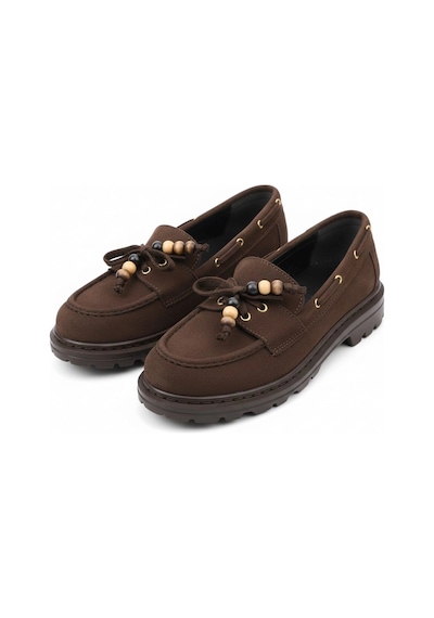 Efw Kadın Yüksek Kaymaz Taban Kahve Süet Boncuklu Bağcıklı Loafer Oxford Ayakkabı