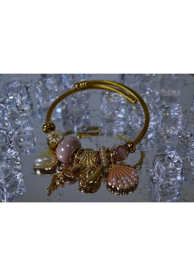 Uzel Çelik Bileklik Sarı Gold Model Incili Deniz Kabuğu Pembe