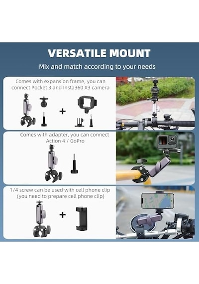 Kamera Bisiklet Ve Motosiklet Gidon Montaj, Alüminyum Alaşımlı Kelepçe, 360 , İle Uyumlu X5 X4 X3 Ace Pro Go 3s, Djı Osmo 2 Mobile 7p Action 5 Pro 4 3 İle Uyumlu, Mm1, Gri