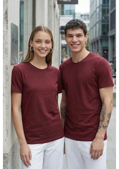 Tudors Unisex Slim Fit Dar Kesim %100 Pamuk Yumuşak Dokulu Bordo Bisiklet Yaka Tişört-31080 Bordo