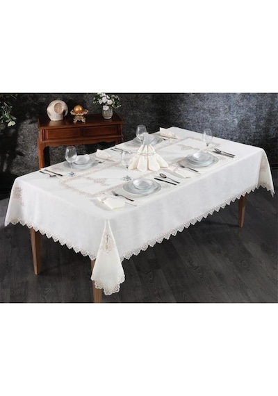 Sahra Fransız Dantelli Yemek Takımı - 26 Parça Krem Krem
