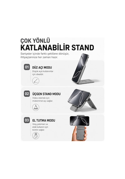 Magsafe Cüzdan Kartlık Güçlü Manyetik Standlı Telefon Kartlığı İphone Uyumlu Deri Cüzdan Gri